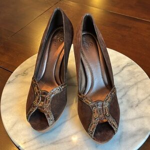Cole Hahn Dark Chocolate Suede and Leather Janie Peep Toe Wedge D20162 Sz10
